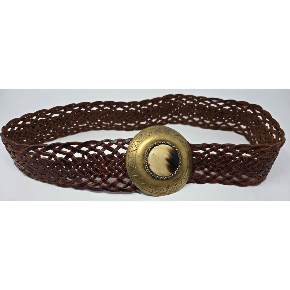 Vtg Wide Leather Belt Braided Brown Boho Hammered Medallion Brass Buckle Western